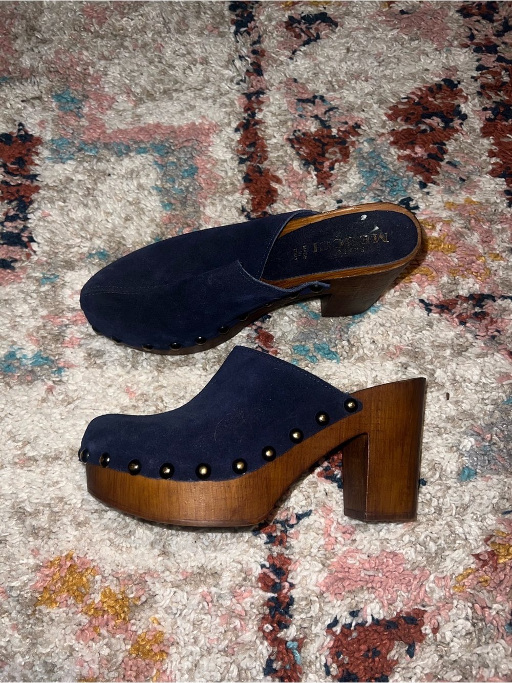 Beautiful Navy Suede Wood-Platform Clog Heels - Women